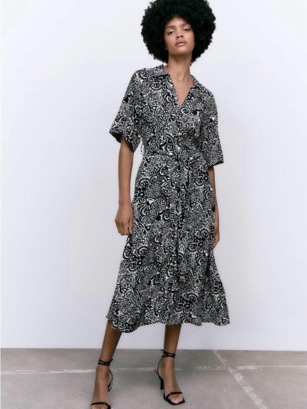 Zara Abstract Print Midi Shirt Dress Black White Tie Waist Button Front Small